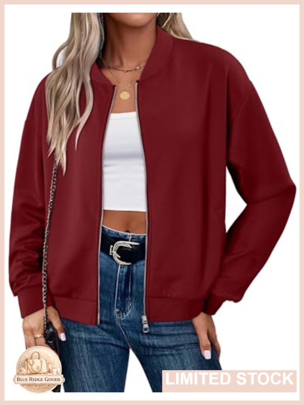 Women's Zip Up Cropped Bomber Jacket Long Sleeve Kangaroo Pocket Loose Fit